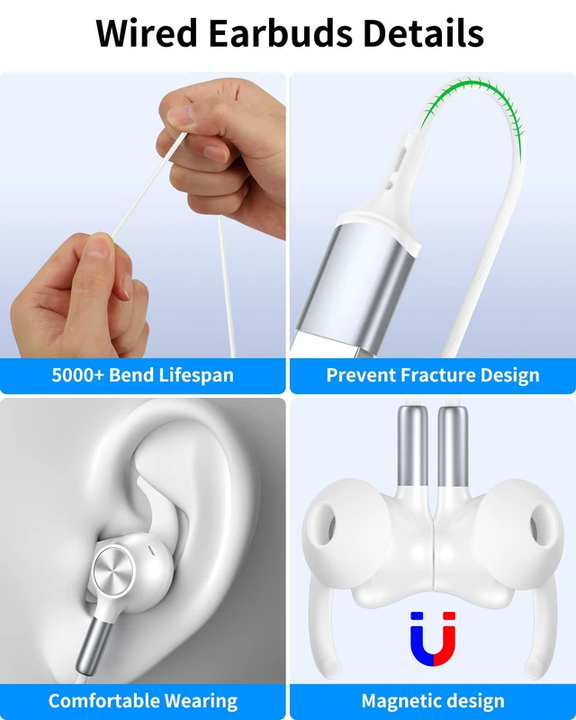 Alt view image 7 of 7 - USB Earbuds with Microphone for PC Laptop,USB A Headphones,White Wired with Mic& Earfins Hook for Computer Office Work,7.5ft,Noise Canceling Stereo Headset for Dell/HP/Chromebook Game School