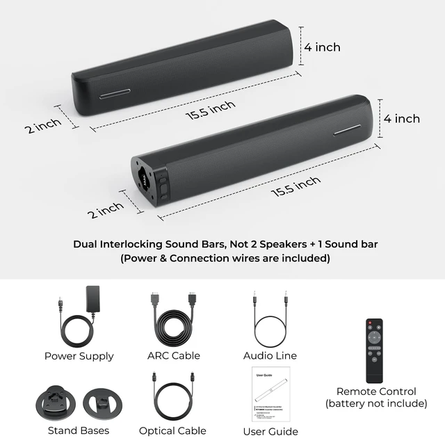 Alt view image 5 of 5 - Sound Bar for Smart TV, 90W Soundbar with Bluetooth/ARC/Optical/AUX Connect, Auto Volume Boost, 3 Equalizer Modes, 2 in 1 Detachable Soundbar for TV for TV/PC/Gaming/Projectors