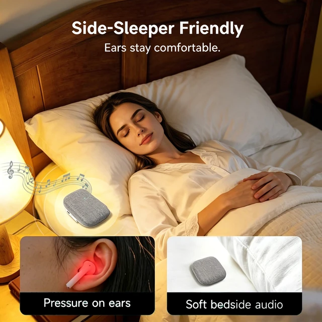Alt view image 6 of 7 - Bluetooth Under Pillow Speaker for Sleeping, Bone Conduction, Gray 0.39-inch thin; no earbuds to wear; Bluetooth 6.0; up to 30-hour playback; 4 auto-off timers; USB-C charging
