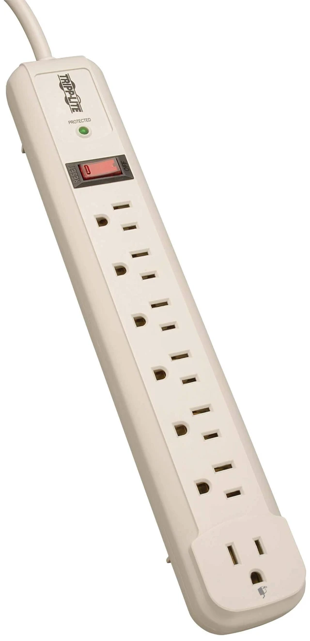 Main image of Eaton TLP74R White Surge Protector Power Strip 7 Outlets Right-Angle Outlet, LED On/Off Switch, 4ft Extension Cord Power Cable, Manufacturer's & $25,000 Insurance