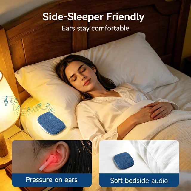 Alt view image 6 of 7 - Bluetooth Under Pillow Speaker for Sleeping, Bone Conduction, Blue 0.39-inch thin; no earbuds to wear; Bluetooth 6.0; up to 30-hour playback; 4 auto-off timers; USB-C charging