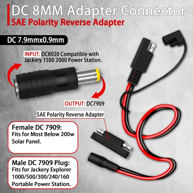 Alt view image 3 of 7 - 6FT 1.8M SAE to DC8mm Female Adapter for Jackery Solar Panel, with Polarity Reverse Adapter DC7909 to DC8020 Converter for Explorer Series/GZ Portable Power Station Solar Generator 14AWG