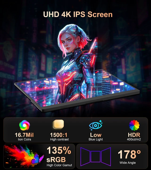 Alt view image 2 of 7 - 4K Portable Monitor - 15.6" UHD 3840 * 2400 for Laptop/Mac (Dark) 16:10,400 Nits,135% sRGB,IPS Screen,2 USB-C,HDMI Ports,Speakers,Standf,VESA for PC/PS5/Xbox