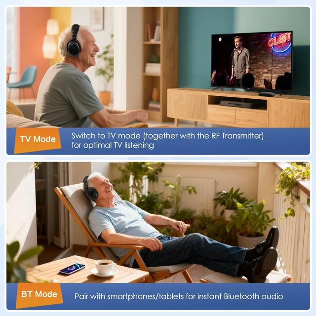 Alt view image 5 of 7 - Bluetooth Compatible Wireless TV Headphones for Seniors SM-825D Pro Boosted voice clarity & volume, L/R balance & ambient mode to aid TV listening, Soundbar compatible, Connect TOSLINK, AUX