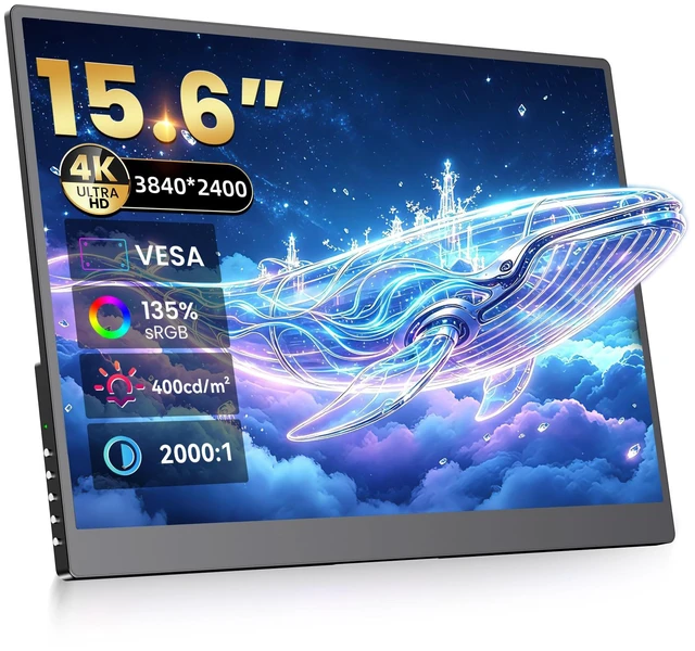 Main image of 4K Portable Monitor - 15.6" UHD 3840 * 2400 for Laptop/Mac (Dark) 16:10,400 Nits,135% sRGB,IPS Screen,2 USB-C,HDMI Ports,Speakers,Standf,VESA for PC/PS5/Xbox