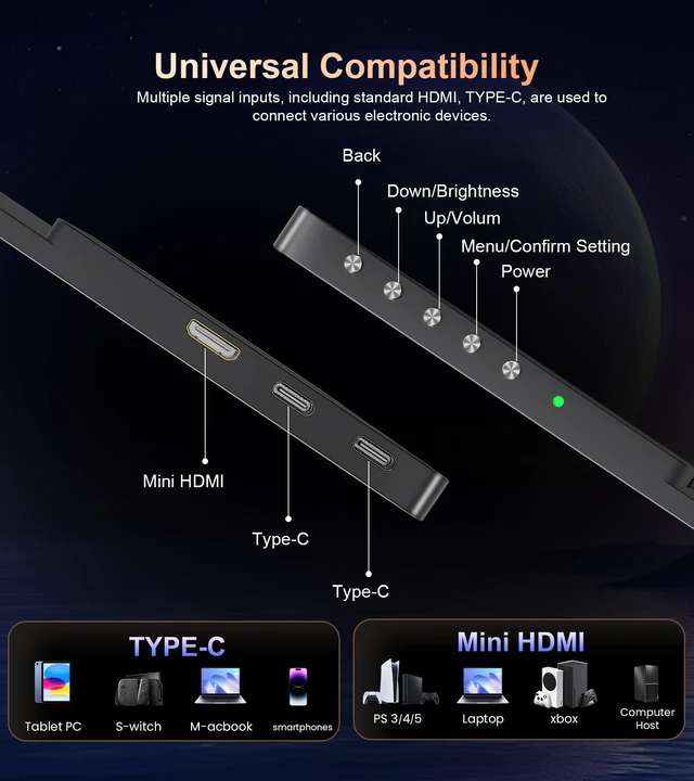 Alt view image 6 of 7 - 4K Portable Monitor - 15.6" UHD 3840 * 2400 for Laptop/Mac (Dark) 16:10,400 Nits,135% sRGB,IPS Screen,2 USB-C,HDMI Ports,Speakers,Standf,VESA for PC/PS5/Xbox
