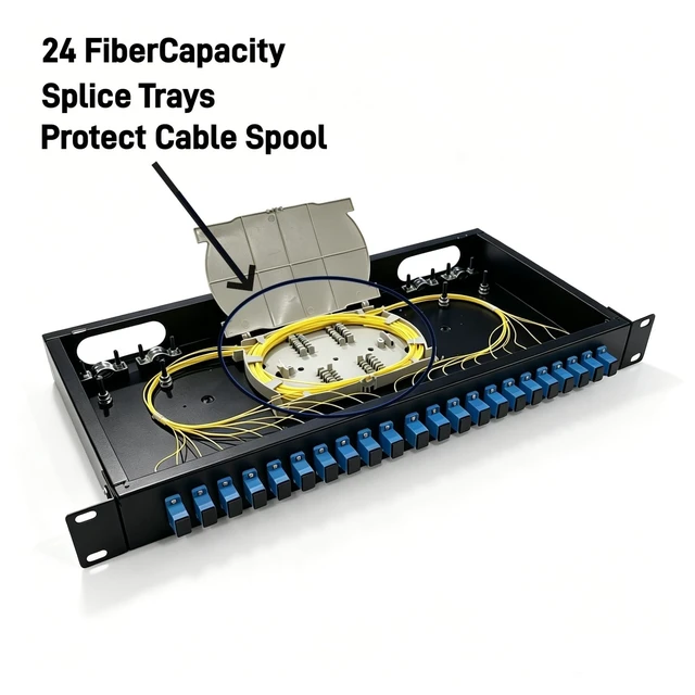 Alt view image 7 of 7 - 24 Port SC Rack Mount Enclosure Box + Splice Trays Fiber Cables Spool SingleMode SC-UPC Kit (Include 1M 24Strand Pigtail+24 Core LGX Loaded Patch Panel - Fits 19" Racks Cabinet