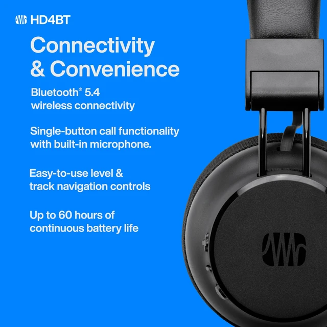 Alt view image 5 of 7 - Eris HD4BT Over-Ear Closed-Back Wireless Headphones, Bluetooth, ANC Noise Cancelling, Up to 60 Hours Battery Life, Studio Headphones for Mixing, Monitoring, Recording, Eclipse Black