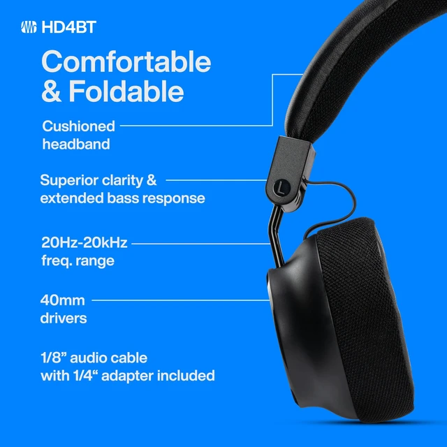 Alt view image 6 of 7 - Eris HD4BT Over-Ear Closed-Back Wireless Headphones, Bluetooth, ANC Noise Cancelling, Up to 60 Hours Battery Life, Studio Headphones for Mixing, Monitoring, Recording, Eclipse Black