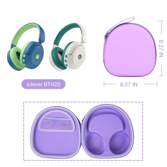 Alt view image 2 of 7 - Hard Headphone Case for ICLEVER BTH 20, with Mesh Pocket & Handle Strap Portable Carrying Storage Case for Foldable Headphones,Travel & Home Use, Purple