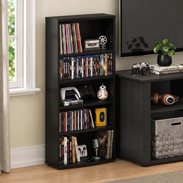 Main image of Jaya DVD Shelf, 5-Tier Open Shelf CD Rack, Black Espresso Media Shelf with Adjustable Shelves, Storage Cabinets for CD Bluray Game Disc, Easy Assembly, for Living Room, Home Office
