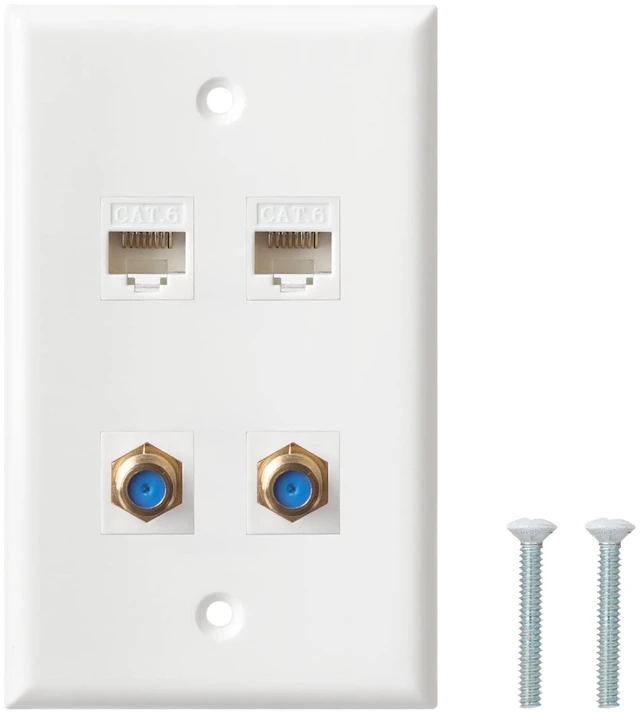 Main image of Ethernet Coax Wall Plate - Cat6 F Type Wall Plate, 2 Port Cat6 Keystone and 2 Port F Type Connector Coax Keystone - White