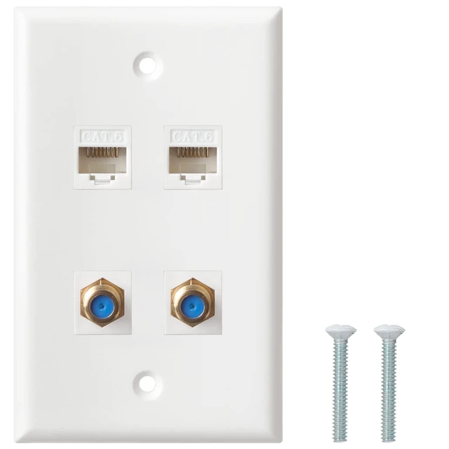 Alt view image 2 of 7 - Ethernet Coax Wall Plate - Cat6 F Type Wall Plate, 2 Port Cat6 Keystone and 2 Port F Type Connector Coax Keystone - White