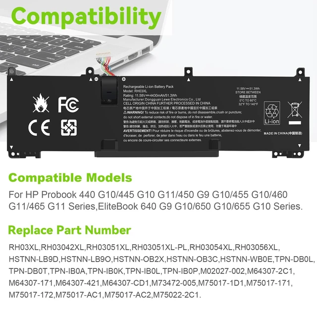 Alt view image 3 of 7 - 51.3Wh RH03XL Battery Replacement for HP EliteBook 640 G9 G10/650 G10/655 G10 Probook 440 G10/445 G10 G10/450 G9 G10/455 G10/460