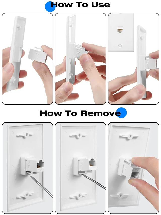 Alt view image 7 of 7 - Ethernet Coax Wall Plate - Cat6 F Type Wall Plate, 2 Port Cat6 Keystone and 2 Port F Type Connector Coax Keystone - White