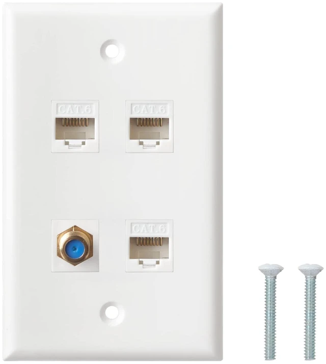 Main image of Ethernet Coax Wall Plate, 3 Port Cat6 Keystone Female to Female, 1 Port F Type Connector Coax Keystone Wall Plate - White