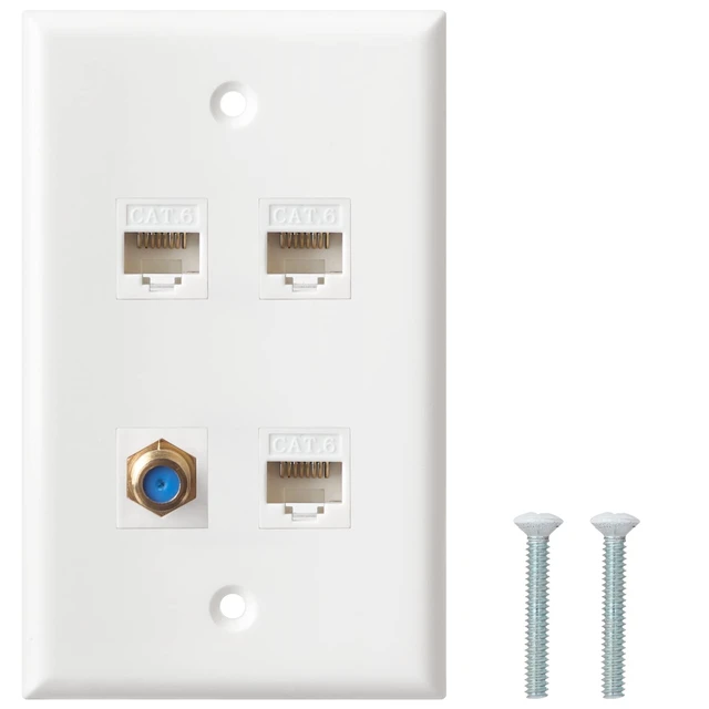 Alt view image 2 of 7 - Ethernet Coax Wall Plate, 3 Port Cat6 Keystone Female to Female, 1 Port F Type Connector Coax Keystone Wall Plate - White