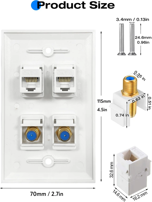 Alt view image 6 of 7 - Ethernet Coax Wall Plate - Cat6 F Type Wall Plate, 2 Port Cat6 Keystone and 2 Port F Type Connector Coax Keystone - White