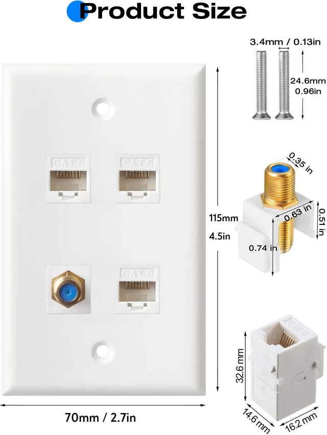 Alt view image 5 of 7 - Ethernet Coax Wall Plate, 3 Port Cat6 Keystone Female to Female, 1 Port F Type Connector Coax Keystone Wall Plate - White