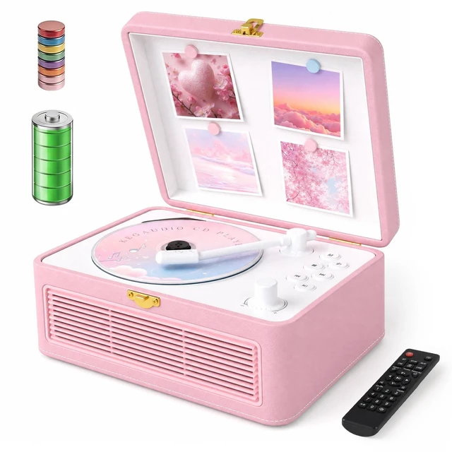 Main image of Retro CD Player Portable Bluetooth: CD Players for Home with Speakers 3600mAh Rechargeable & Radio & Remote Control PU Leather Vintage CD-Player Support USB/AUX Headphone Jack (Pink)