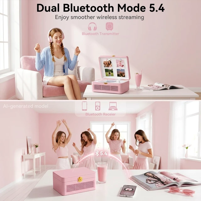 Alt view image 3 of 7 - Retro CD Player Portable Bluetooth: CD Players for Home with Speakers 3600mAh Rechargeable & Radio & Remote Control PU Leather Vintage CD-Player Support USB/AUX Headphone Jack (Pink)