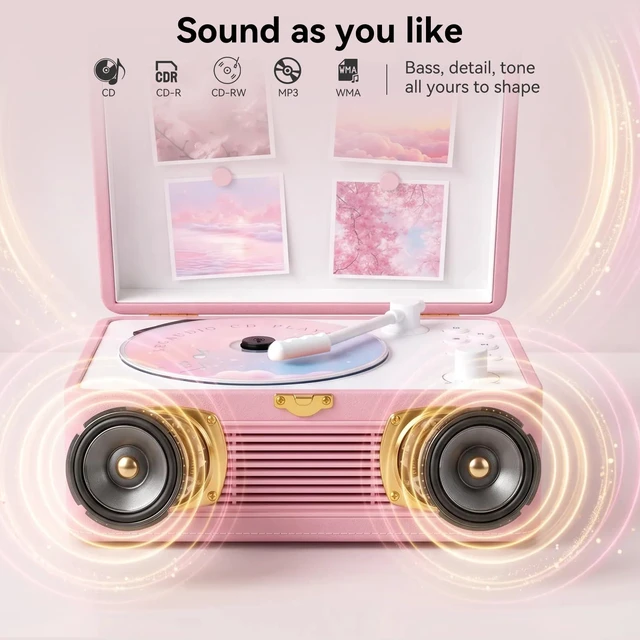 Alt view image 2 of 7 - Retro CD Player Portable Bluetooth: CD Players for Home with Speakers 3600mAh Rechargeable & Radio & Remote Control PU Leather Vintage CD-Player Support USB/AUX Headphone Jack (Pink)