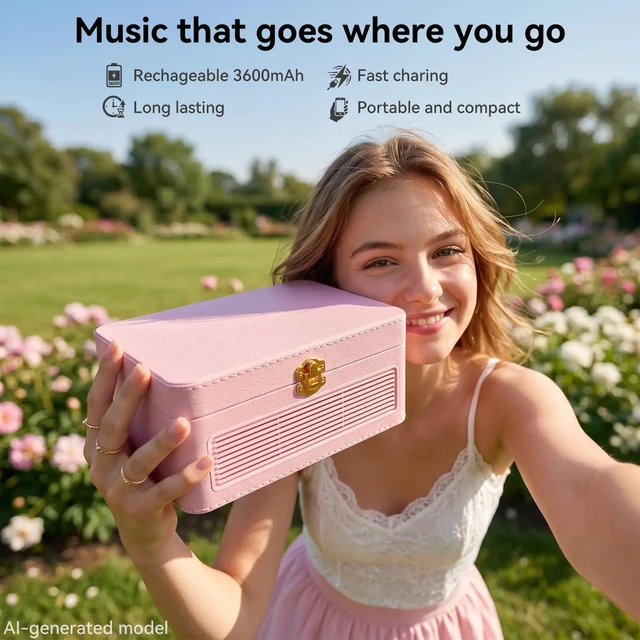 Alt view image 4 of 7 - Retro CD Player Portable Bluetooth: CD Players for Home with Speakers 3600mAh Rechargeable & Radio & Remote Control PU Leather Vintage CD-Player Support USB/AUX Headphone Jack (Pink)