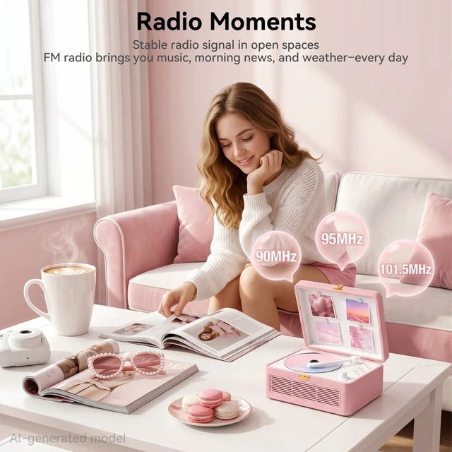 Alt view image 5 of 7 - Retro CD Player Portable Bluetooth: CD Players for Home with Speakers 3600mAh Rechargeable & Radio & Remote Control PU Leather Vintage CD-Player Support USB/AUX Headphone Jack (Pink)