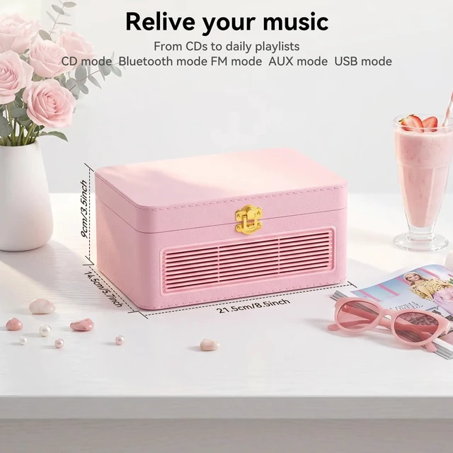 Alt view image 6 of 7 - Retro CD Player Portable Bluetooth: CD Players for Home with Speakers 3600mAh Rechargeable & Radio & Remote Control PU Leather Vintage CD-Player Support USB/AUX Headphone Jack (Pink)