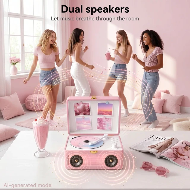 Alt view image 7 of 7 - Retro CD Player Portable Bluetooth: CD Players for Home with Speakers 3600mAh Rechargeable & Radio & Remote Control PU Leather Vintage CD-Player Support USB/AUX Headphone Jack (Pink)