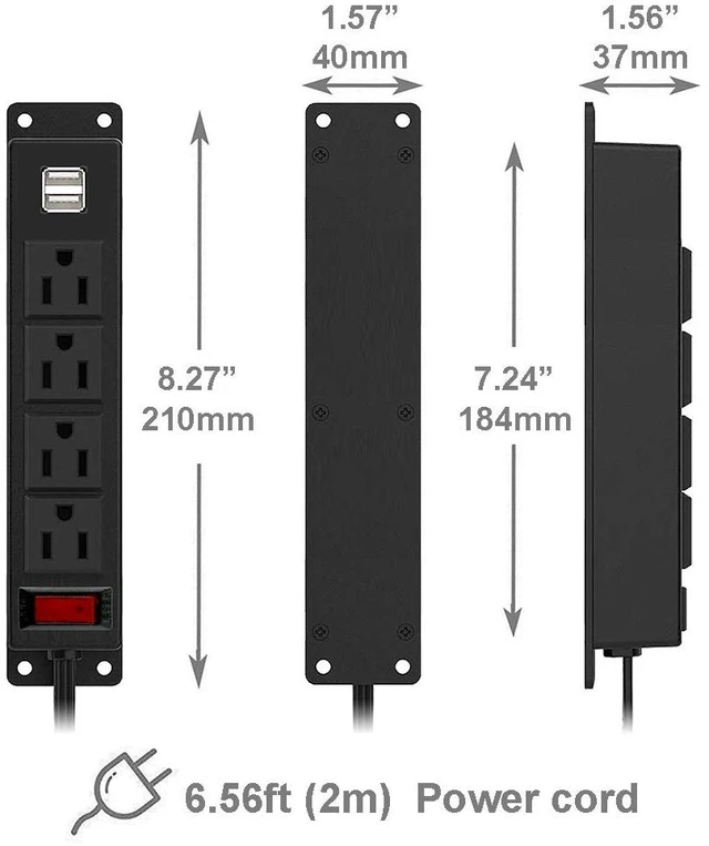 Alt view image 2 of 5 - Mountable Power Strip with USB Ports,Wall Mount Power Outlets Screw Down Power Socket in Desk Under Cabinet Power Station 4AC Outlet 2 USB 6.56 Feet Extension Cord, On&Off Switch Black (Pack of 2)