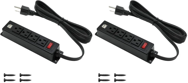 Main image of Mountable Power Strip with USB Ports,Wall Mount Power Outlets Screw Down Power Socket in Desk Under Cabinet Power Station 4AC Outlet 2 USB 6.56 Feet Extension Cord, On&Off Switch Black (Pack of 2)
