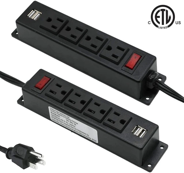 Alt view image 4 of 5 - Mountable Power Strip with USB Ports,Wall Mount Power Outlets Screw Down Power Socket in Desk Under Cabinet Power Station 4AC Outlet 2 USB 6.56 Feet Extension Cord, On&Off Switch Black (Pack of 2)