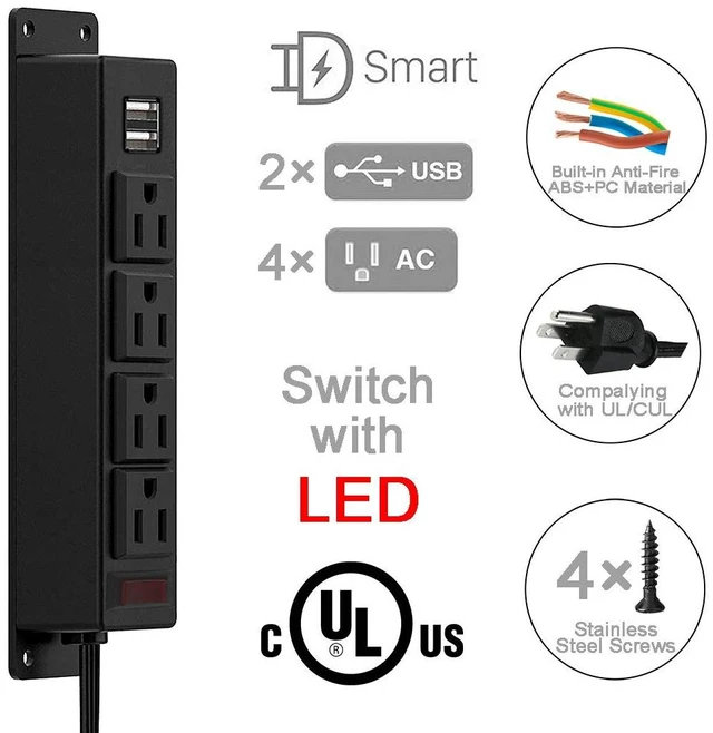 Alt view image 3 of 5 - Mountable Power Strip with USB Ports,Wall Mount Power Outlets Screw Down Power Socket in Desk Under Cabinet Power Station 4AC Outlet 2 USB 6.56 Feet Extension Cord, On&Off Switch Black (Pack of 2)