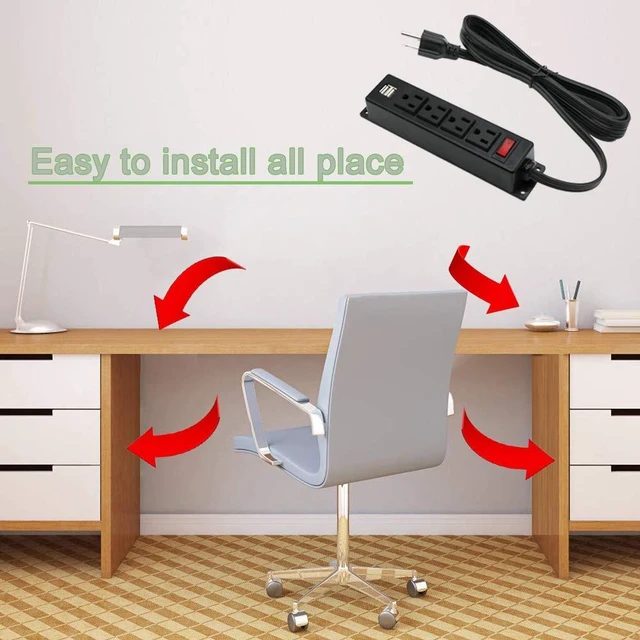 Alt view image 5 of 5 - Mountable Power Strip with USB Ports,Wall Mount Power Outlets Screw Down Power Socket in Desk Under Cabinet Power Station 4AC Outlet 2 USB 6.56 Feet Extension Cord, On&Off Switch Black (Pack of 2)