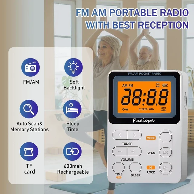 Alt view image 2 of 6 - Portable Pocket Radio AM FM with Best Reception, Rechargeable-White Easy to Use, MP3, Stereo Earphone, Large LCD Screen, TF Play, Sleep Timer, Radio Receiver for Jogging/Gym/Racing