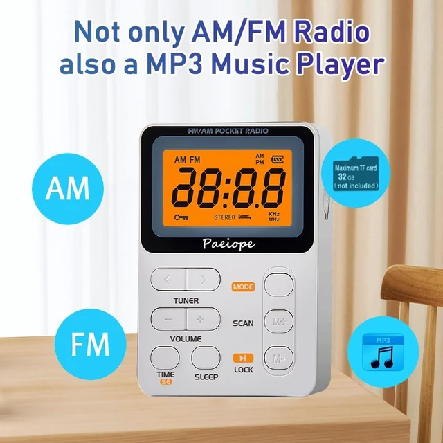 Alt view image 3 of 6 - Portable Pocket Radio AM FM with Best Reception, Rechargeable-White Easy to Use, MP3, Stereo Earphone, Large LCD Screen, TF Play, Sleep Timer, Radio Receiver for Jogging/Gym/Racing