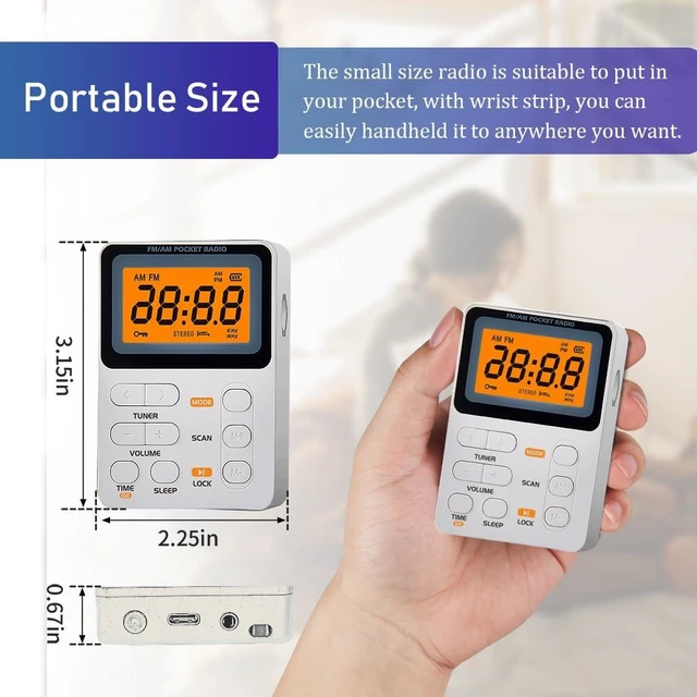 Alt view image 5 of 6 - Portable Pocket Radio AM FM with Best Reception, Rechargeable-White Easy to Use, MP3, Stereo Earphone, Large LCD Screen, TF Play, Sleep Timer, Radio Receiver for Jogging/Gym/Racing