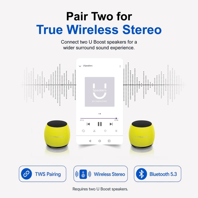 Alt view image 4 of 7 - U Micro, Mini Bluetooth Speaker with Mic, Portable, Glow Yellow mini bluetooth speaker, under pillow speaker, coin sized, rechargeable, TWS pairing, glow in the dark, aluminum shell
