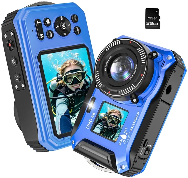 Main image of 4K Underwater Camera 64MP 33FT Waterproof Camera with 32GB Card Dual-Screen, 16X Zoom, Autofocus, Floatable, 1500mAh Battery, Fill Light, Ideal for Snorkeling, Swimming, Travel