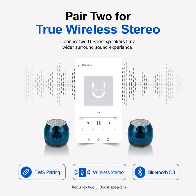 Alt view image 4 of 7 - U Micro, Mini Bluetooth Speaker with Mic, Portable, Glam Blue mini bluetooth speaker, pillow use for sleeping, coin sized, rechargeable, TWS pairing