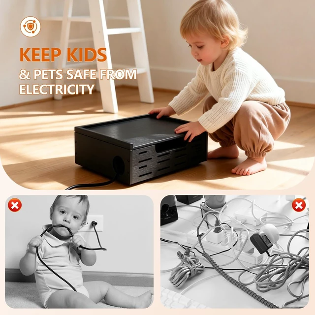 Alt view image 6 of 7 - Wooden Cable Management Box - A Stylish Cable Storage Box, Suitable for Power sockets, USB Hiding, TV Cables, Desktop and Floor Cables - a Large Cable Storage Box for Management