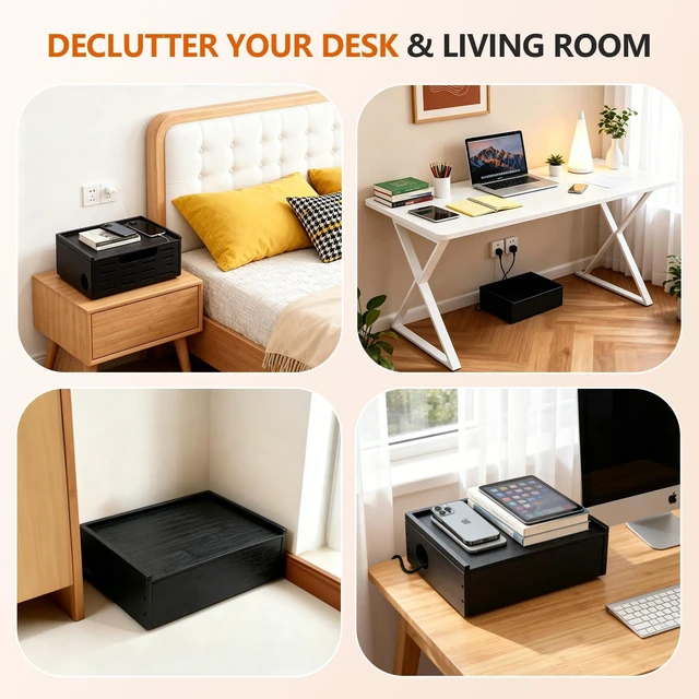 Alt view image 7 of 7 - Wooden Cable Management Box - A Stylish Cable Storage Box, Suitable for Power sockets, USB Hiding, TV Cables, Desktop and Floor Cables - a Large Cable Storage Box for Management