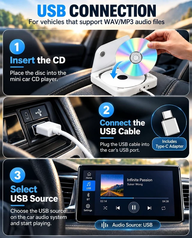 Alt view image 3 of 7 - External CD Player for Car, Portable USB Car CD Player with AUX Port, USB-C Adapter & Extension Cable, Plug & Play for Cars Without CDs Player, Vehicle, Laptop, TV, Computer
