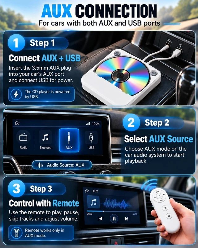 Alt view image 4 of 7 - External CD Player for Car, Portable USB Car CD Player with AUX Port, USB-C Adapter & Extension Cable, Plug & Play for Cars Without CDs Player, Vehicle, Laptop, TV, Computer
