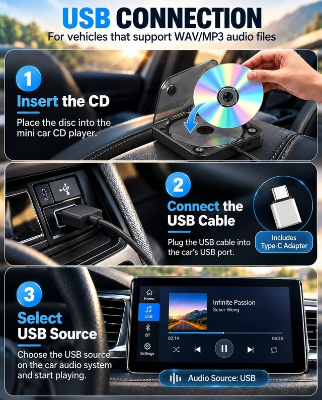 Alt view image 3 of 7 - External Car CD Player with USB/AUX Port,Portable Car CD Player with USB-C Adapter & Extension Cable,Universal CDs Player Compatible with Vehicle,Truck,Laptop,TV,Computer (Black)