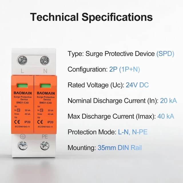 Alt view image 2 of 7 - 2P Surge Protective Device 24V DC DIN Rail SPD 40kA, Low Voltage