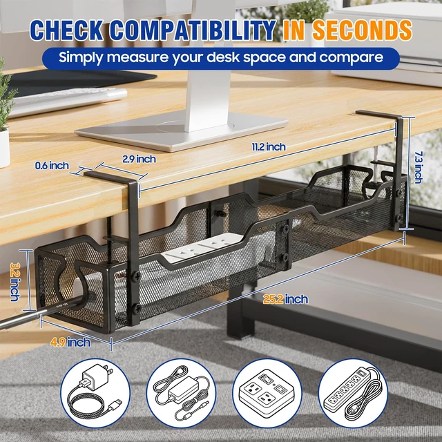 Alt view image 2 of 6 - Cable Management Under Desk - 25.2" Open Slots No Dill Cable Tray Metal Under Desk Cable Management Tray - Cord Organizer for Office Home - Clamp-On Design Wire Organization Box - White