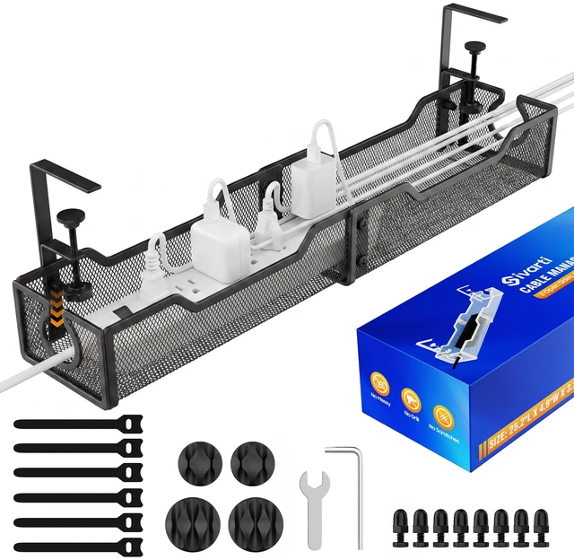 Main image of Cable Management Under Desk - 25.2" Open Slots No Dill Cable Tray Metal Under Desk Cable Management Tray - Cord Organizer for Office Home - Clamp-On Design Wire Organization Box - White
