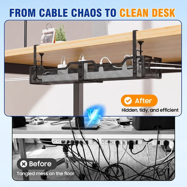 Alt view image 5 of 6 - Cable Management Under Desk - 25.2" Open Slots No Dill Cable Tray Metal Under Desk Cable Management Tray - Cord Organizer for Office Home - Clamp-On Design Wire Organization Box - White